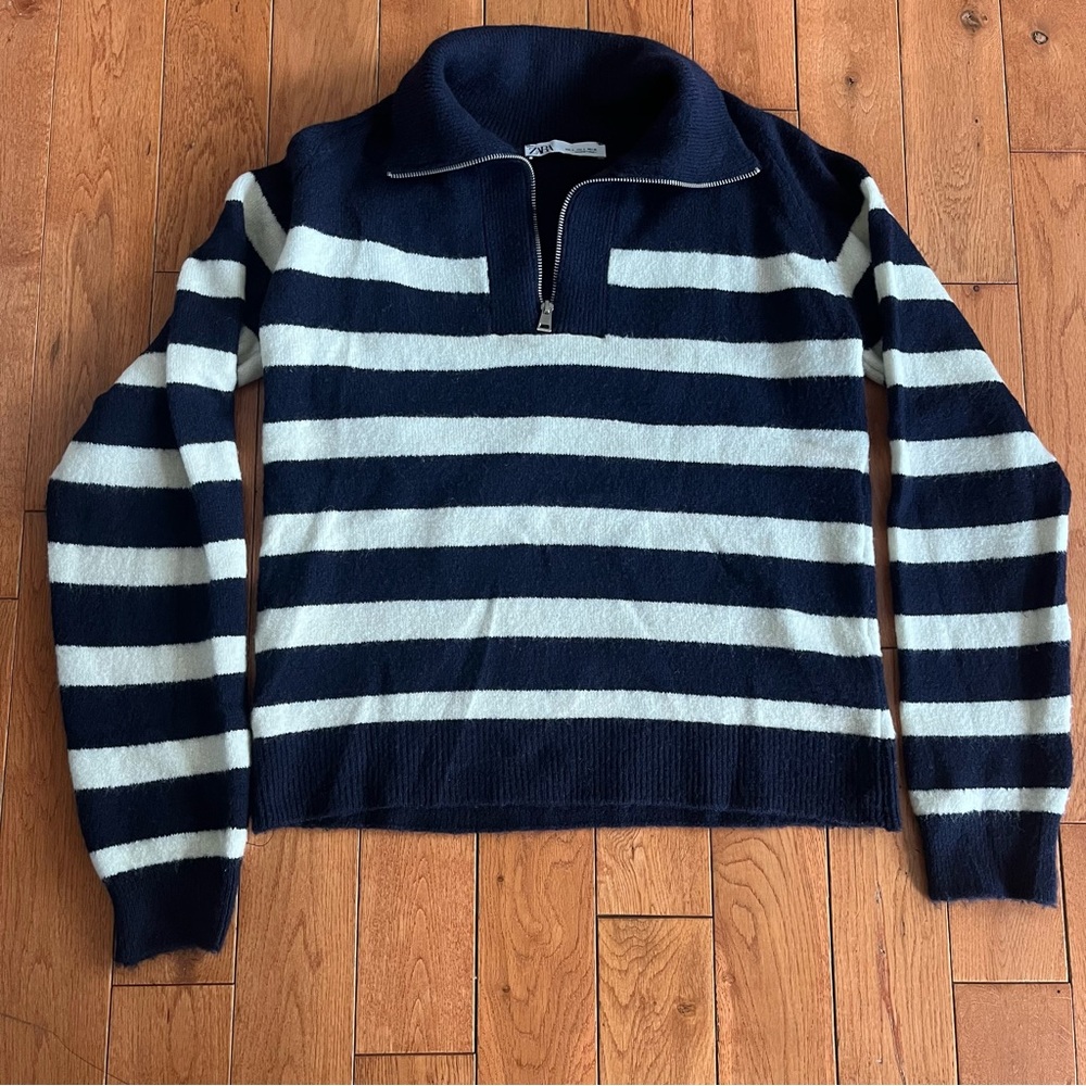 ZARA Navy Blue White Striped 1/4 Zip Knit Sweater - Size Small